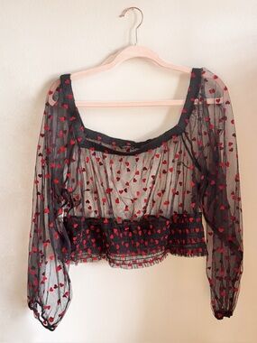 2X Black Sheer Blouse with Red Flocked Hearts